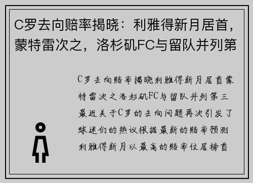 C罗去向赔率揭晓：利雅得新月居首，蒙特雷次之，洛杉矶FC与留队并列第三